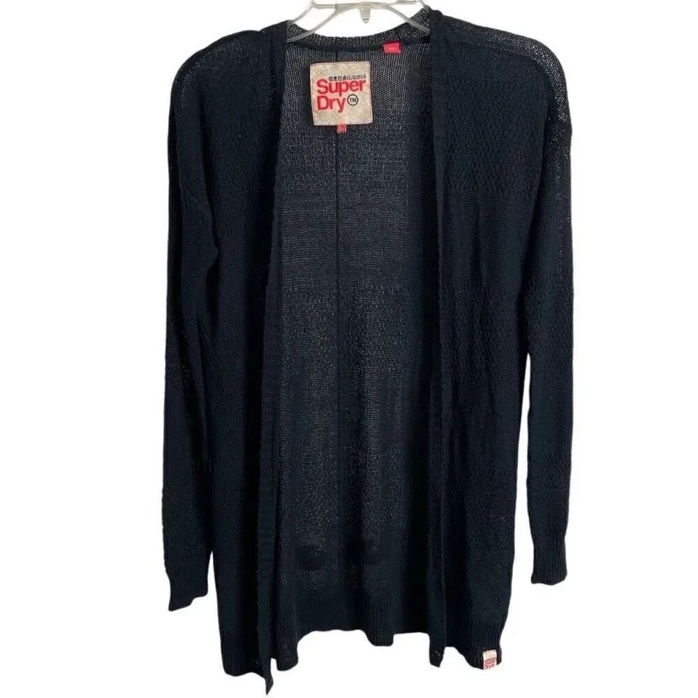 Superdry Womens Cardigan 2XS Navy Blue Fine Knit Open Front Twee Dark Anime